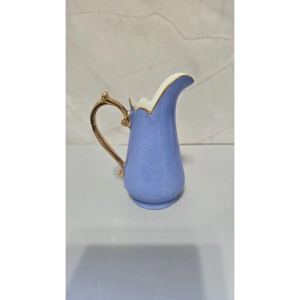 Light Blue Small Creamer Pitcher With Gold Handle And Accents By I Godinger & Co